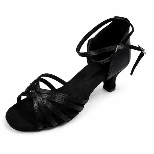 Black Satin Latin Dance Shoes - Slim Straps